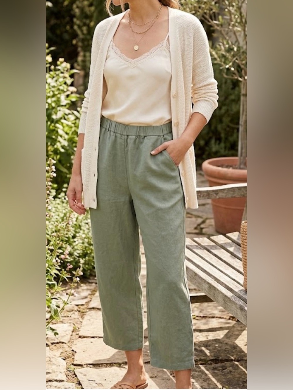 Quince 100% linen cropped pants elastic waist with pockets relaxed fit medium